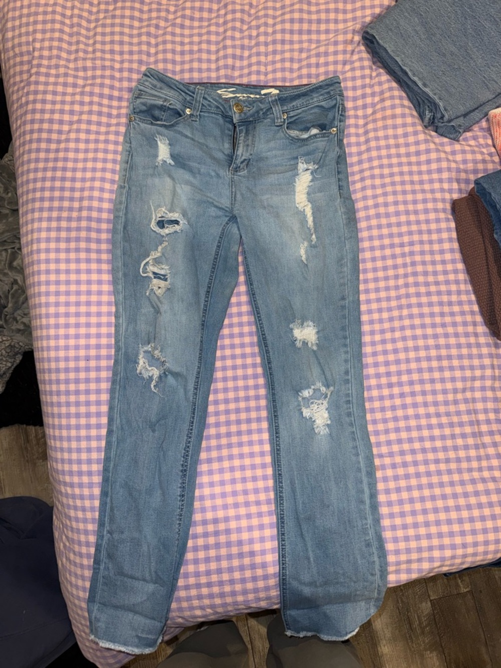 Seven7 Light Blue Distressed Straight-Leg Jeans